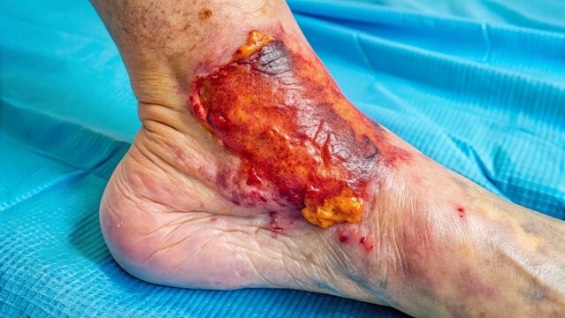 Close-up Medical Image: Leg Venous Ulcer Showing Wound Healing Stages