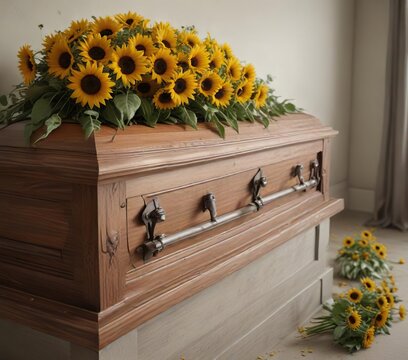Tranquil shot of coffin covered with sunflowers in mortuary, death, sunflowers, casket, coffin, mortuary