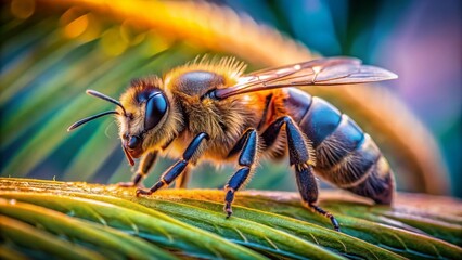 Naklejka premium Close-up of a Honeybee on a Human Hand - Detailed Documentary Style