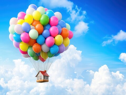 Small house flying with colorful balloons in blue sky