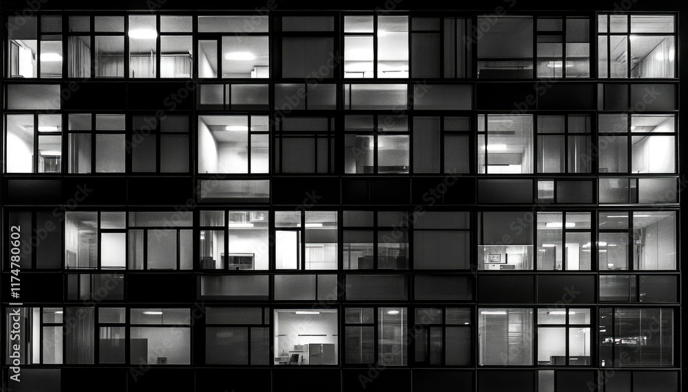 Poster nighttime view of a modern building with many lit windows