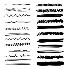 Set of artistic pen brushes. Hand drawn grunge strokes. Doodle lines, various dividers for web sites. Vector illustration
