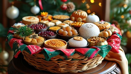 Festive basket filled with assorted traditional treats