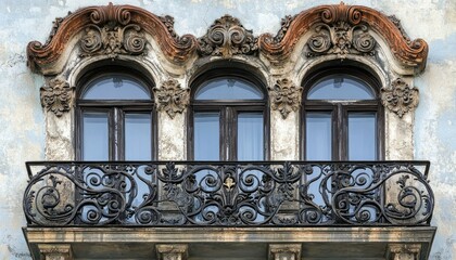 Ornate Balcony With Three Arched Windows On Old Building