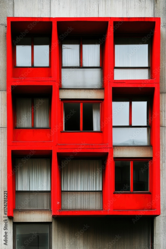 Poster red window frames on a concrete building facade