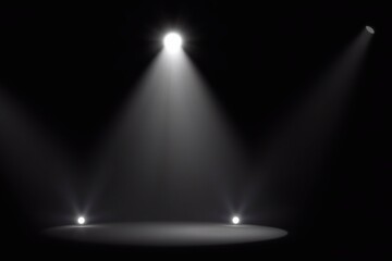 Stage illuminated by spotlights. Empty podium with spot of light. Vector realistic mockup of studio or theater interior with scene and rays of lamps. Background for concert, show, presentation of exhi