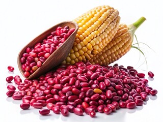 Close-up of Falling Rose Beans Overlapping Field Corn on White
