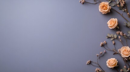 Naklejka premium Peach roses and dried flowers arranged on a gray background. Elegant and delicate floral composition.
