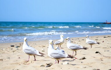 Fototapeta premium Coastal Seagulls A Serene Beach Scene in Vibrant Sunlight