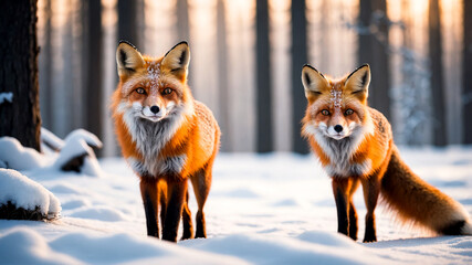 Naklejka premium Red Fox Standing in a Snowy Forest with Its Fur Covered in Snow
