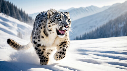 Obraz premium Snow Leopard Running Through a Snowy Landscape in Winter