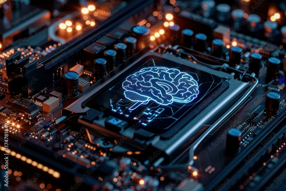 Poster glowing brain representing artificial intelligence is displayed on a computer chip surrounded by cir