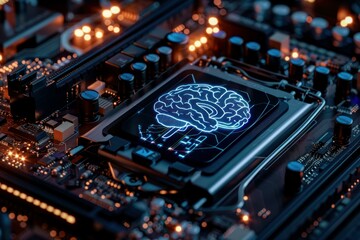Glowing brain representing artificial intelligence is displayed on a computer chip surrounded by circuitry