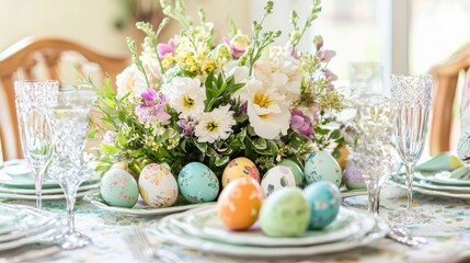 Easter table setting adorned with a fresh spring bouquet, delicately placed Easter eggs, and charming table decorations, perfect for celebrating the holiday