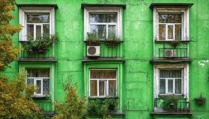 Obraz premium Green Building Facade With Windows And Balconies