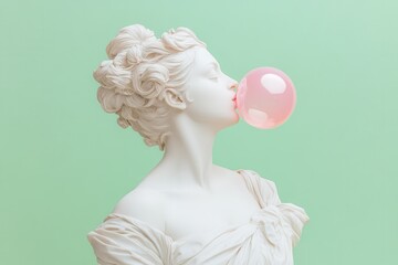 White marble statue of woman blowing pink bubble gum on green background
