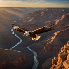 Naklejka premium A majestic eagle soaring over a breathtaking canyon at sunrise, its wings catching the golden light.