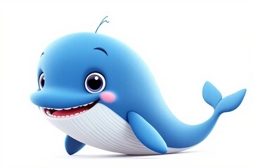 Fototapeta premium Adorable blue whale with a cheerful expression, cartoon-style design, white background. Concept of marine life, happiness, and fun. Ai generative