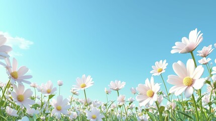 A vibrant field of daisies blooms under a clear blue sky, creating a serene and uplifting scene.