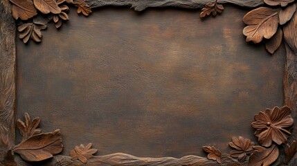 Rustic wooden frame with carved leaves and flowers, perfect for autumn or fall designs.  Dark brown tones create a warm, inviting mood.