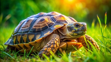 Obraz premium Close-up Tortoise Shell Patterns on Vibrant Green Grass - Stock Photo