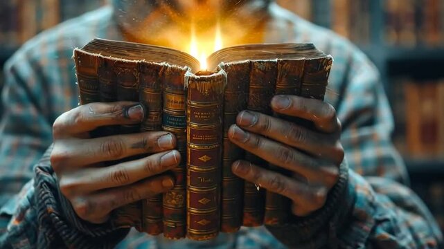 Mysterious book ignites in hands of reader in a library filled with ancient volumes