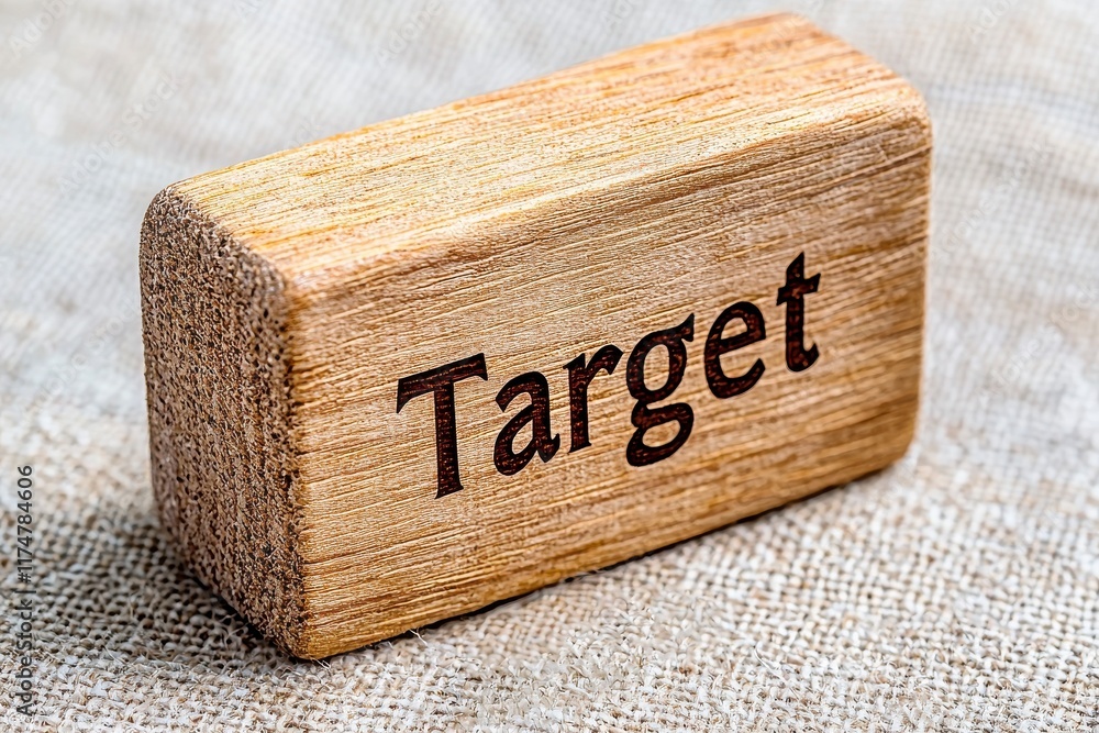 Poster wooden block with target written in bold typeface on texture surface