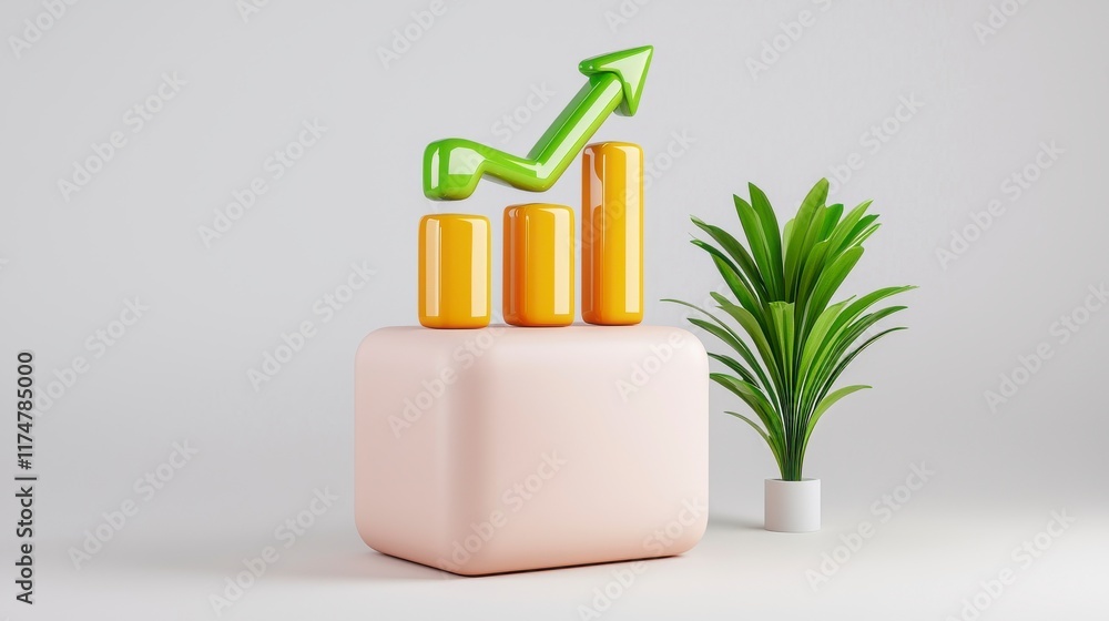 Poster growth chart with colorful bars and arrow on minimalistic background