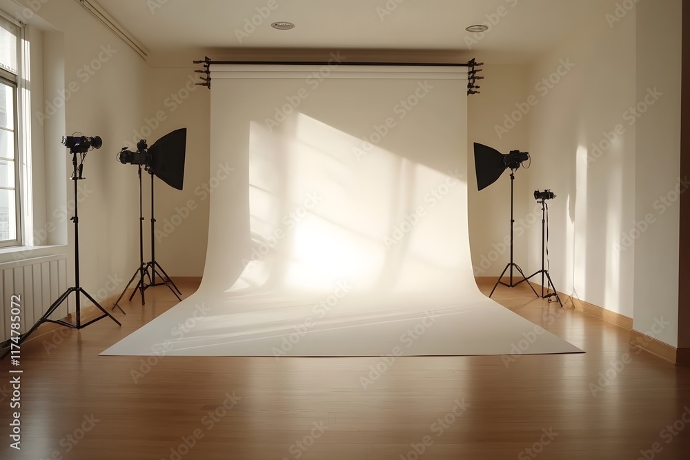 Poster bright and clean studio room with softly diffused lighting for stylish product display