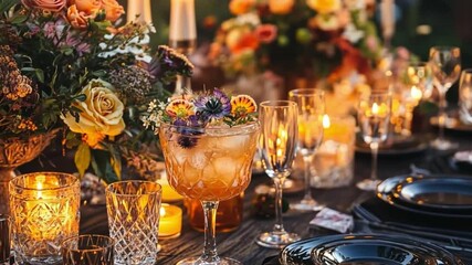 This image features a stylish dinner setup. The table is adorned with sparkling glassware and lovely flowers. Ideal for events and celebrations. Generative AI
