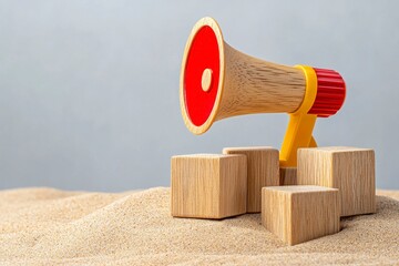 Colorful Wooden Toy Megaphone on Sand with Wooden Blocks for Play