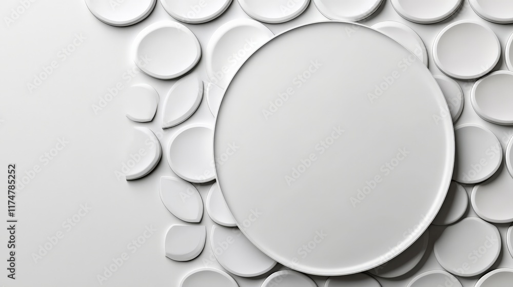Poster monochromatic elegance: a large, circular plate rests atop a field of smaller, organically shaped fo