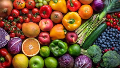 Fresh organic fruits and vegetables arranged in rainbow colors, providing a vibrant and healthy selection of produce for a balanced, nutrient-packed meal.