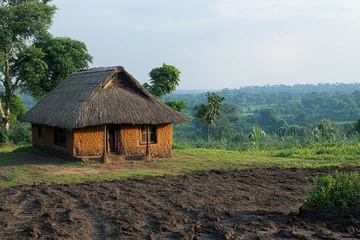 Photo sur Plexiglas Traditional mud house in a rural landscape surrounded by lush greenery and fields during the day