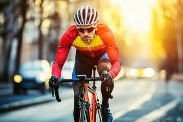 Cyclist Riding Road Bicycle During Sunset City Ride