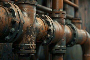 Close up of old rusty pipes and valves in an industrial setting