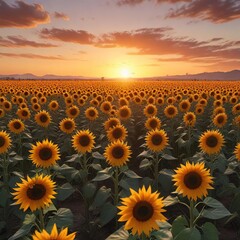 Obraz premium Vibrant orange hues illuminate a sea of sunflowers swaying gently in the breeze as the day succumbs to a serene sunset, nature's wonder, natural beauty, beautiful sunset