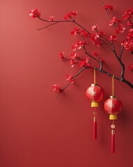 Vibrant red backdrop with cherry blossoms and a Chinese lantern. Happy Chinese and Lunar New Year concept. AI Generative.