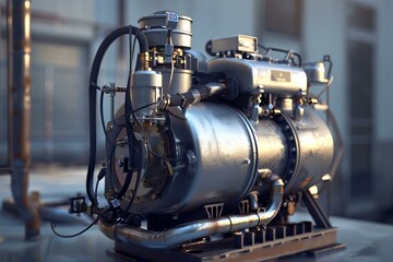 Shiny new powerful engine standing outside factory building bathed in warm morning light
