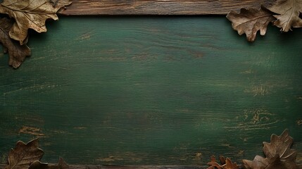 Dried oak leaves arranged on a dark green wooden background. Perfect for autumn themes and fall designs.