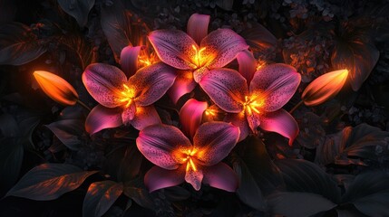 Obraz premium Glowing Lilies Amidst Dark Leafy Foliage