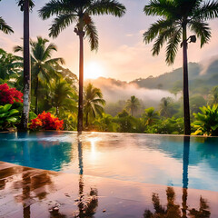 outdoor pool terrace of luxurious villa offers a breathtaking panoramic view of lush tropical landscape, with vibrant colors of sunrise casting a golden glow over tranquil