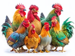 Fototapeta premium Colorful Chickens Group Isolated on White Background - Farm Birds Portrait