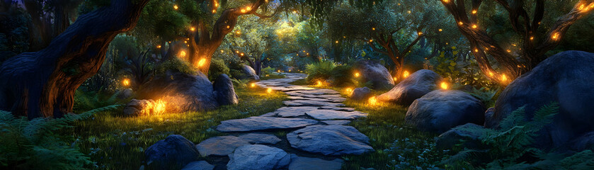 Naklejka premium Enchanted forest path, glowing lanterns, magical scene.