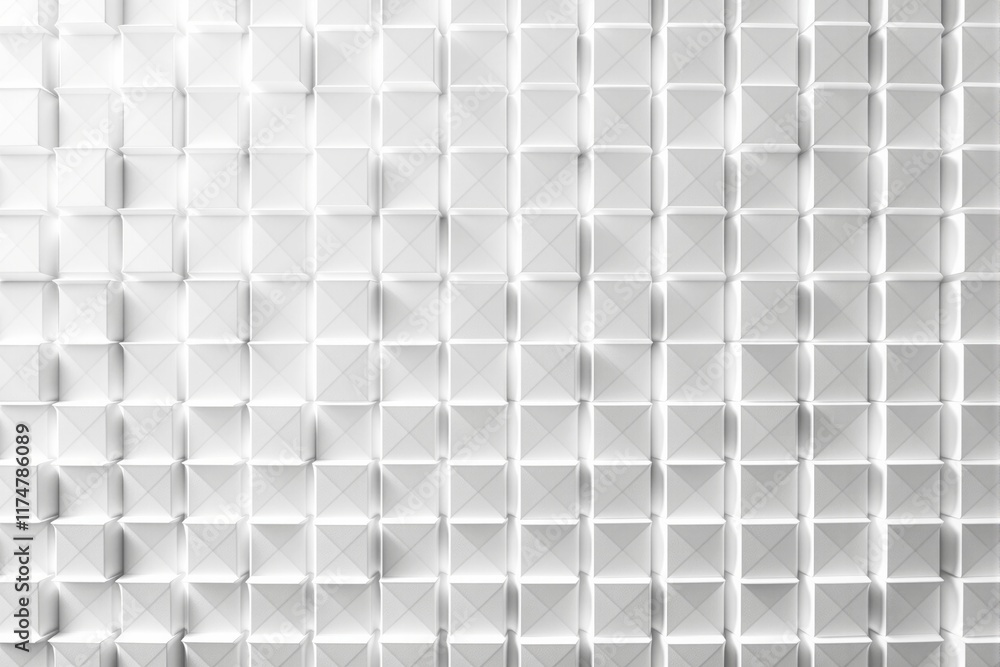 Poster white geometric raised tile pattern with shadow effects, creating a sleek and textured appearance on