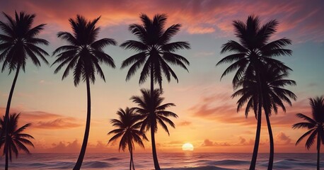 Obraz premium Vibrant tropical wave pattern with palm tree silhouettes, summer, tropical