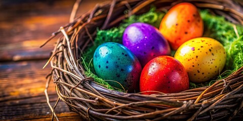 Obraz premium Colorful Easter Eggs in Nest Close-Up - Spring Holiday Background