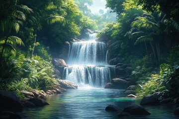 Tranquil waterfall cascading through lush green foliage in a serene jungle setting during daylight