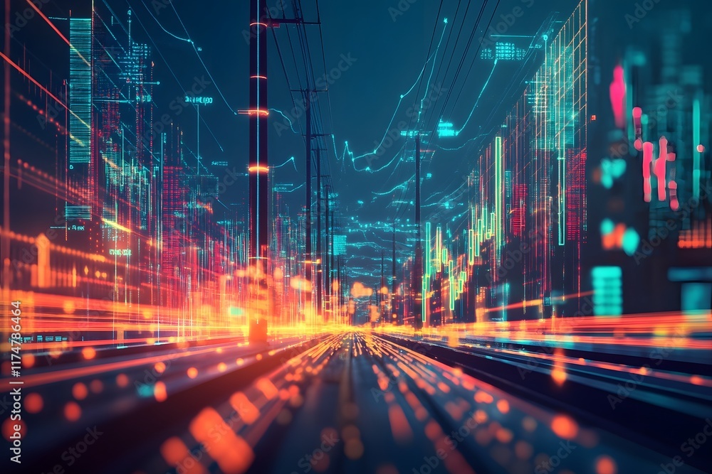 Aufkleber futuristic abstract electric poles intertwined with dynamic market graphs and data streams