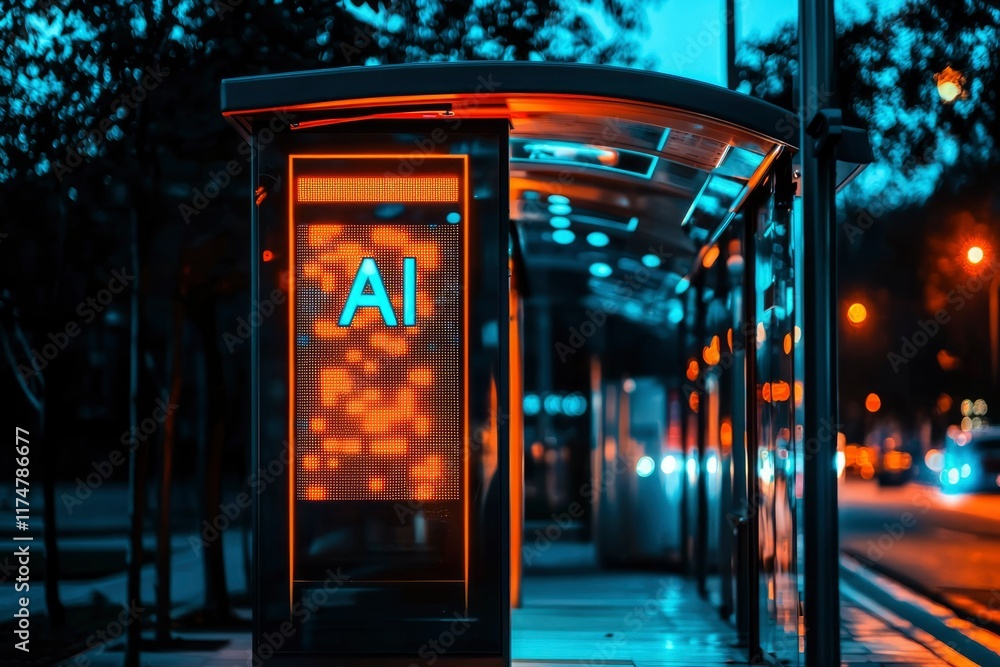 Poster modern bus stop with illuminated ai sign